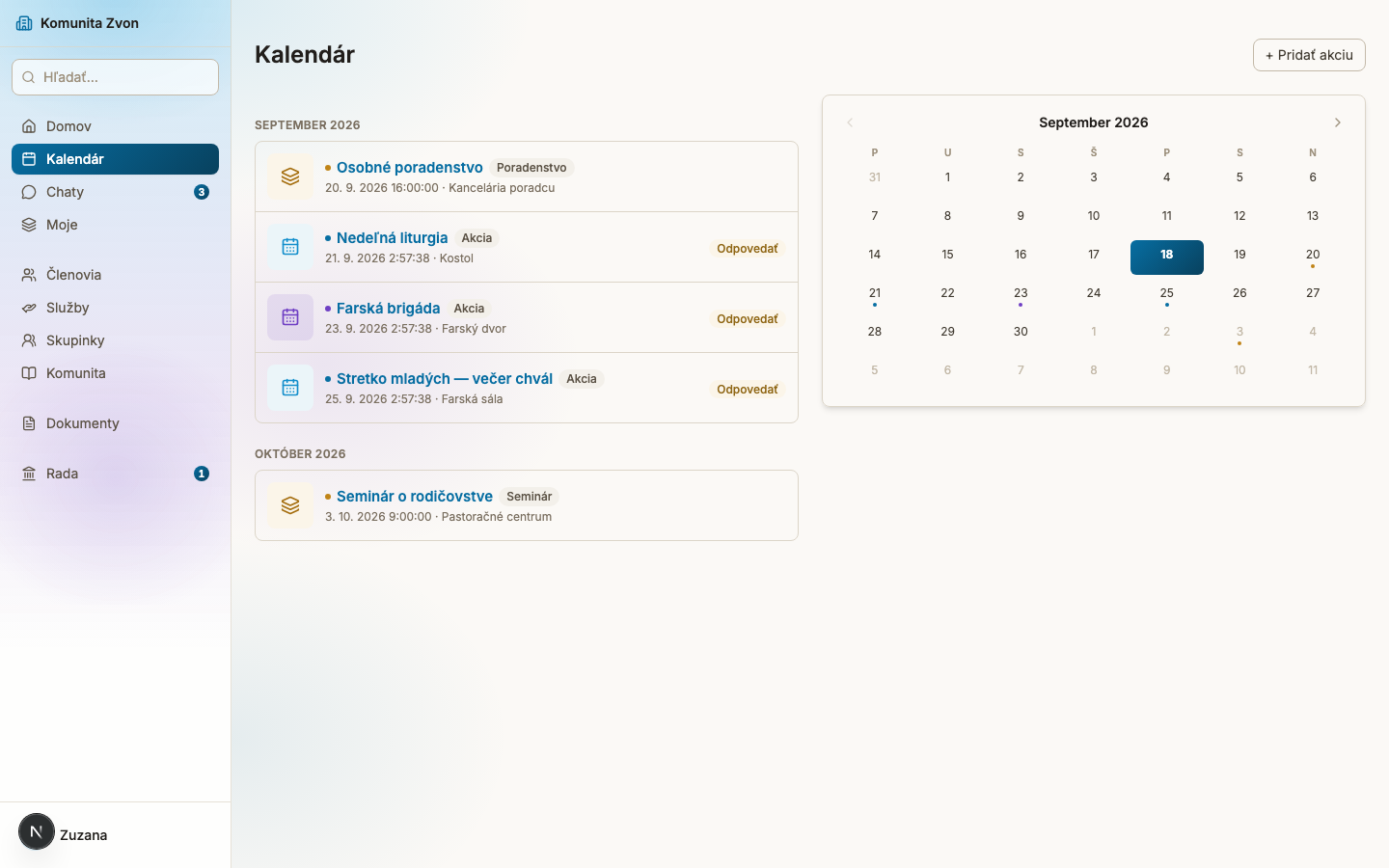 Event calendar with a list and a mini calendar