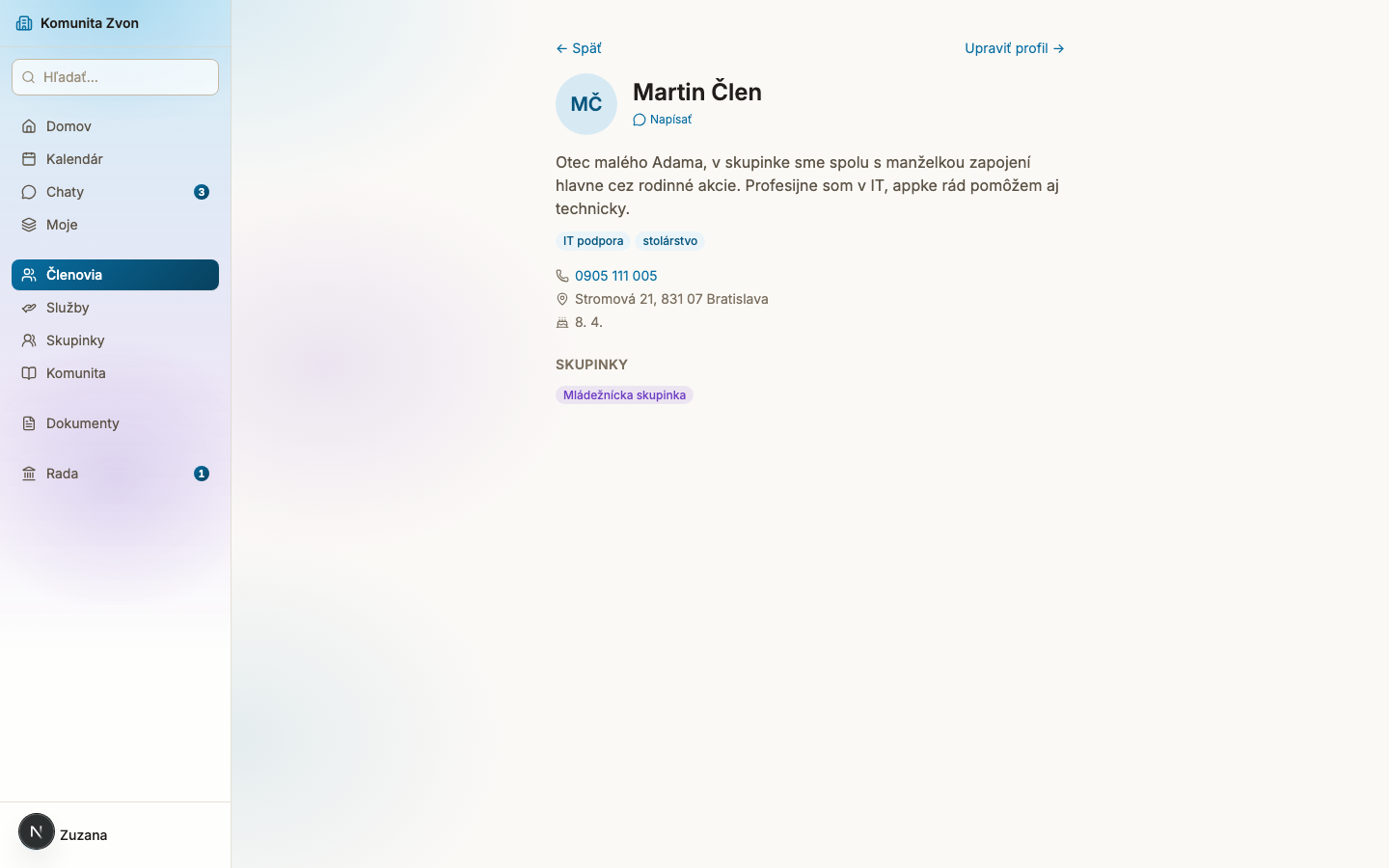 Member profile with bio, skills, phone, address and group